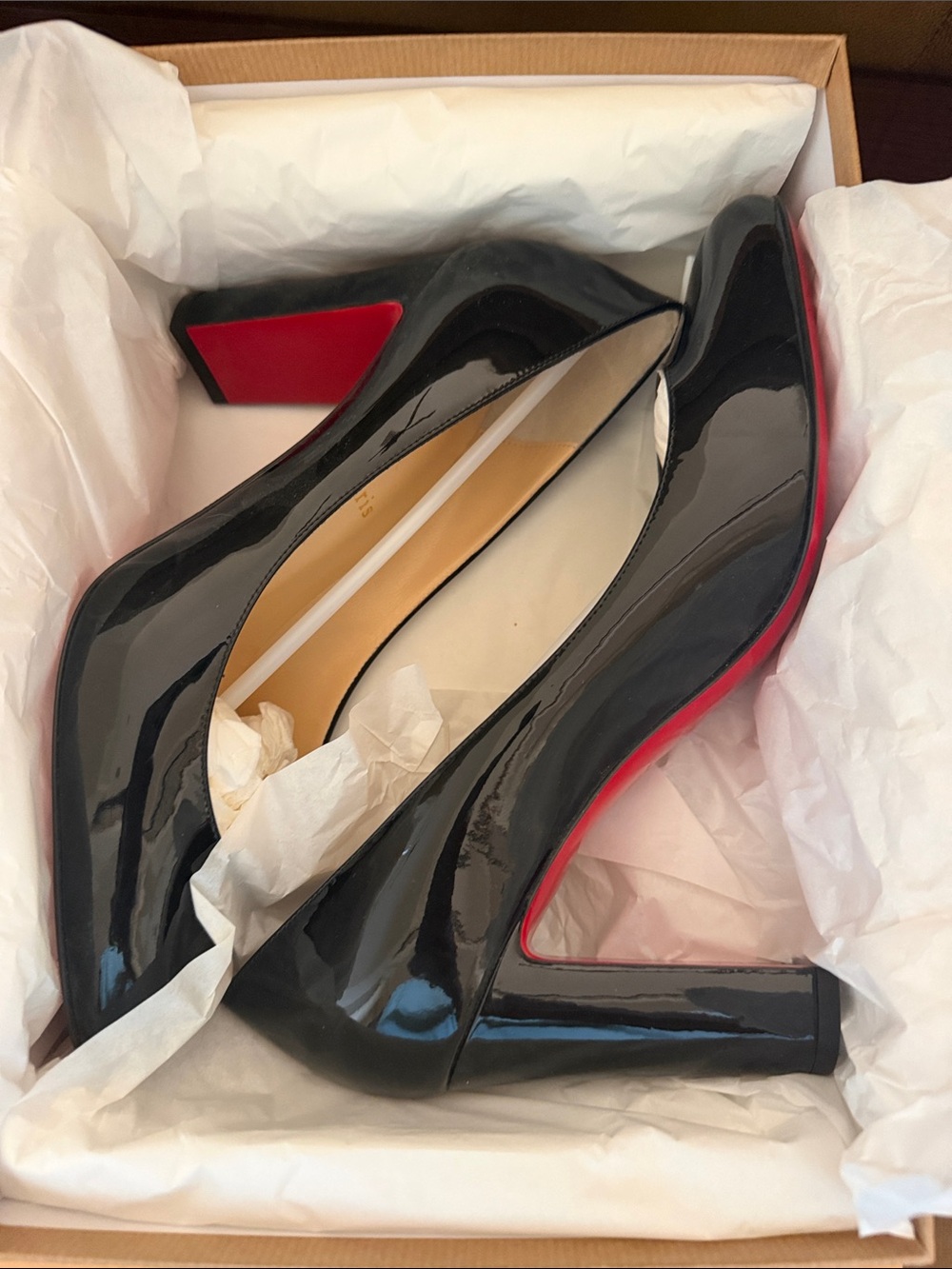 Christian Louboutin Black Patent Block Heel Pumps with Red Soles - Picture 1 of 12